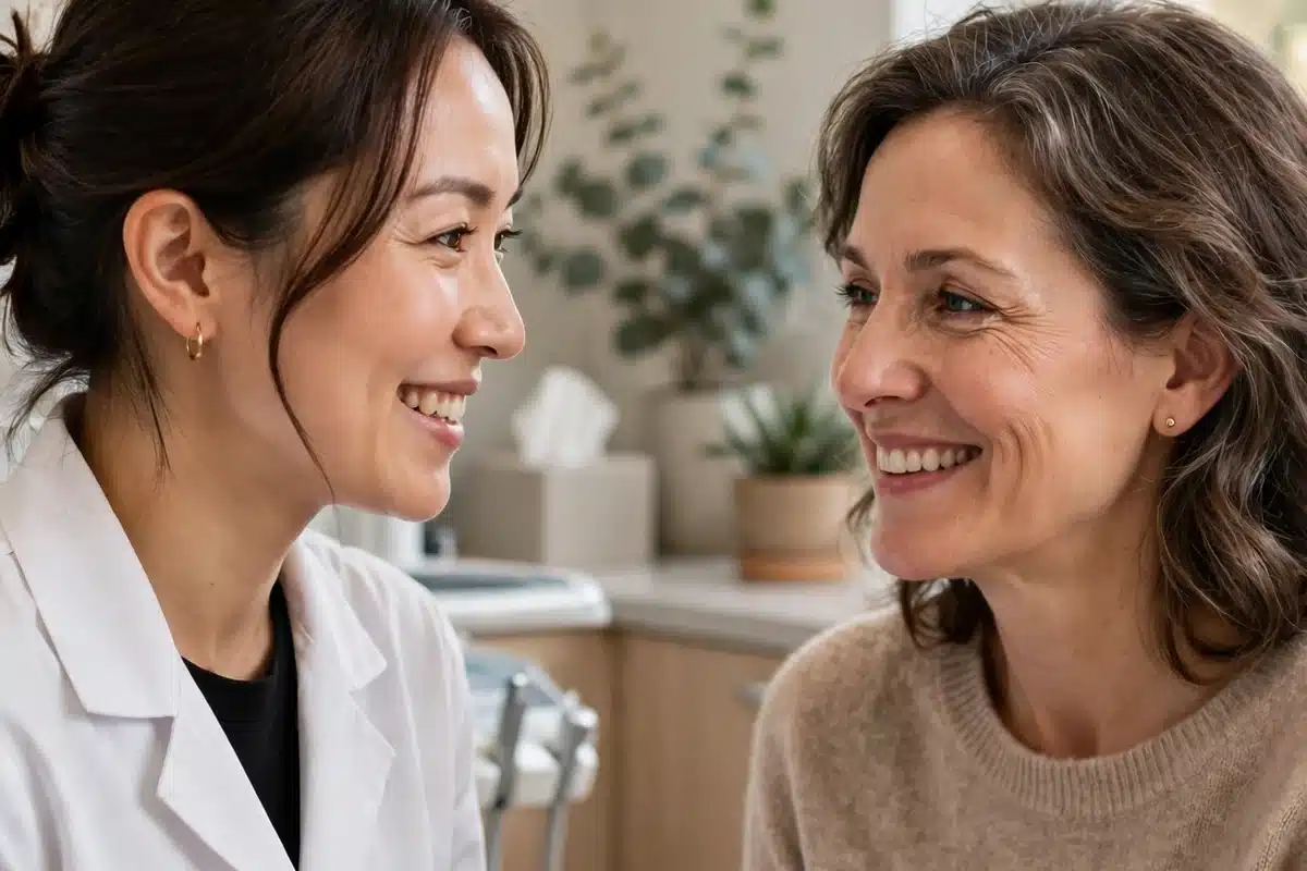 A friendly dentist talking with a patient in a bright modern dental office, both relaxed and smiling