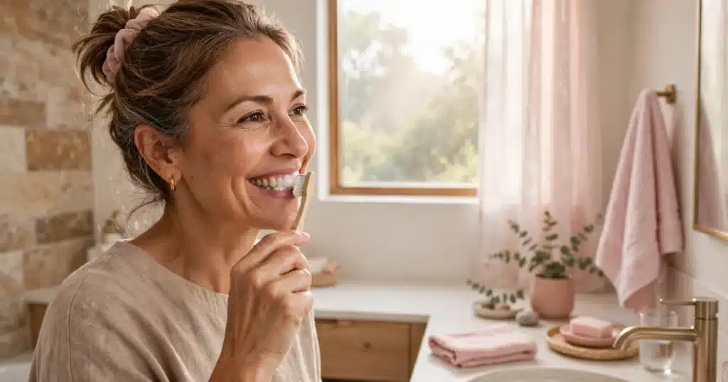 A woman smiling while brushing her teeth in a bright bathroom with soft morning light