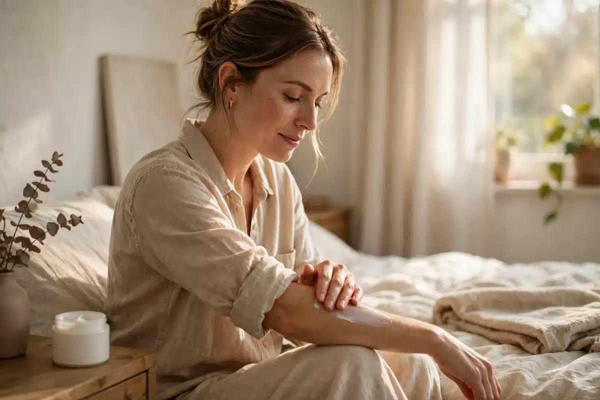 Woman applying a gentle lotion to her forearm at home