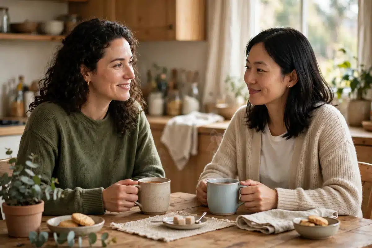 Two women sharing tea together at a kitchen table, calm and relaxed