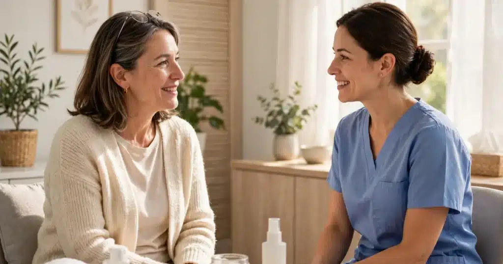 Woman talking with a nurse about skin care in a bright clinic room