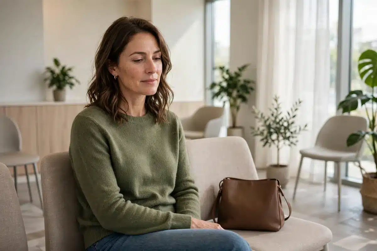 Photo of a woman sitting calmly in a bright clinic waiting room, a plain handbag on the chair beside her