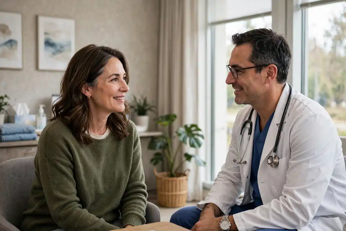 Photo of a woman talking with a doctor in a bright clinic room after her appointment, both seated and relaxed