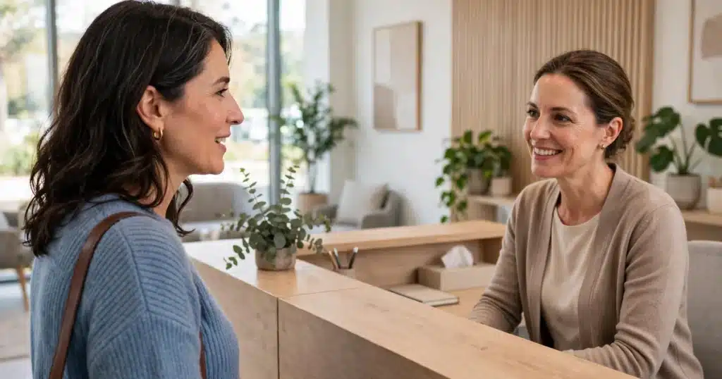 Photo of a woman in her 40s arriving at a bright clinic reception desk, speaking with a friendly receptionist