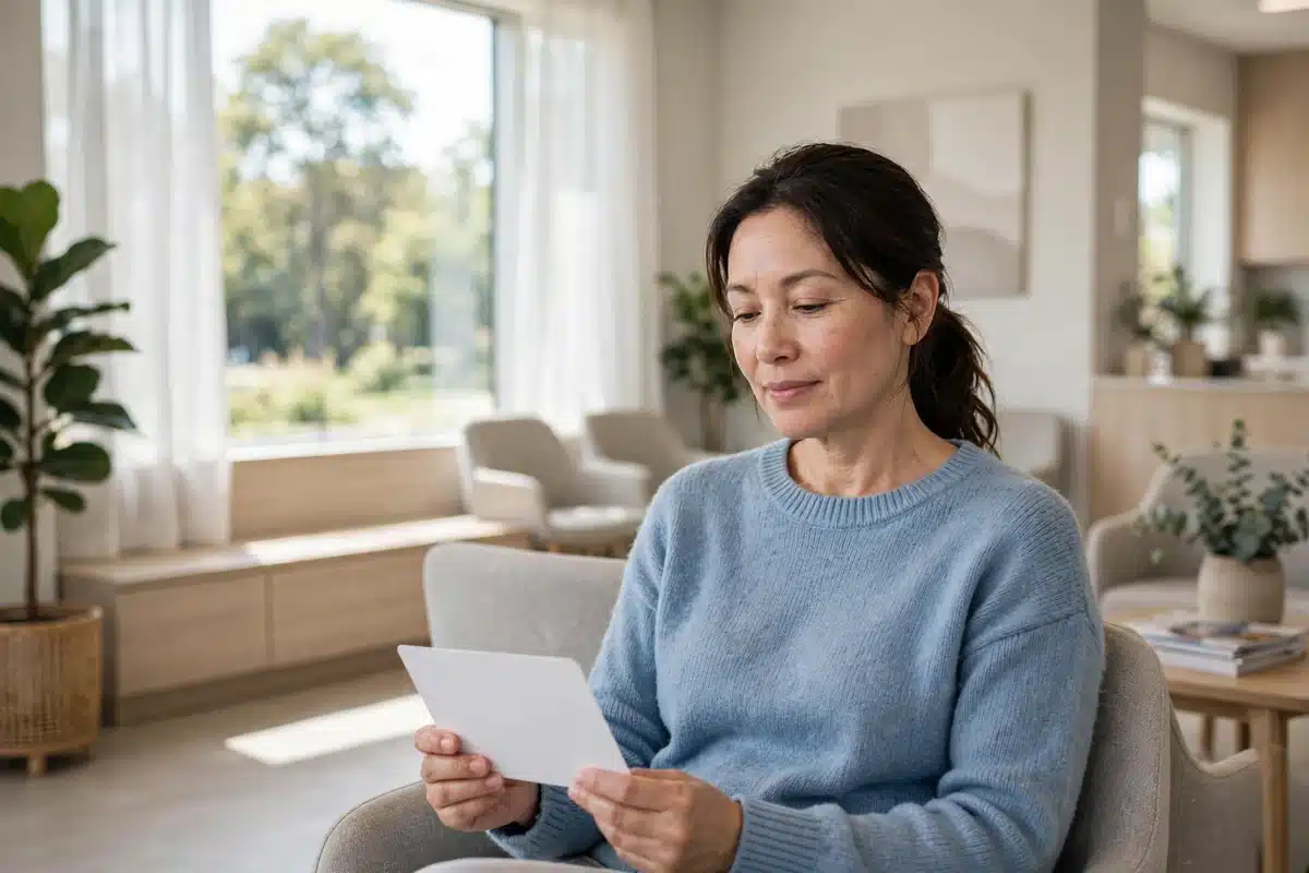 Photo of a woman in her 40s sitting calmly in a bright clinic waiting area, holding a plain blank appointment card