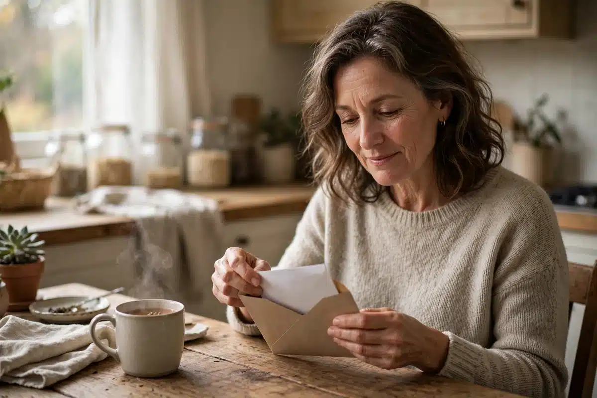 Photo of a woman at home opening a plain results letter at her kitchen table in soft morning light