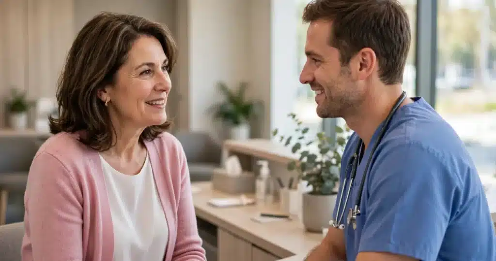 Photo of a woman in her 50s wearing a soft pink cardigan talking with a radiographer at a bright clinic reception desk