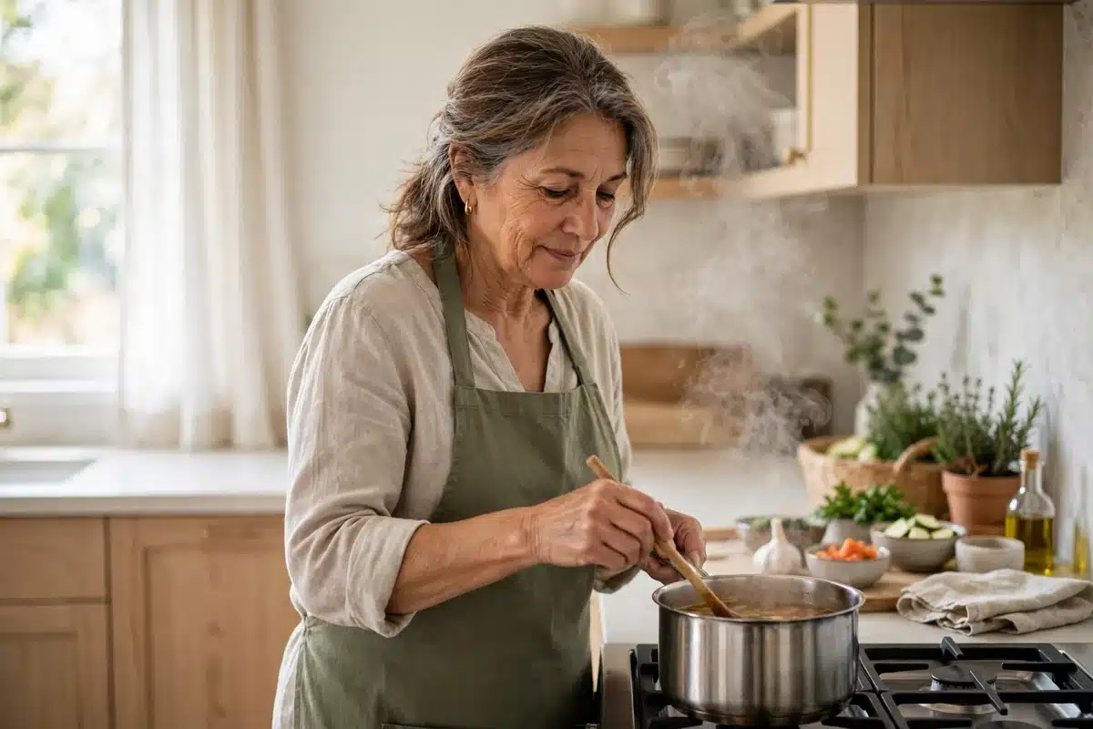 Photo of a woman in her 50s in a bright home kitchen preparing a simple pot of soup, steam rising gently, calm everyday mood