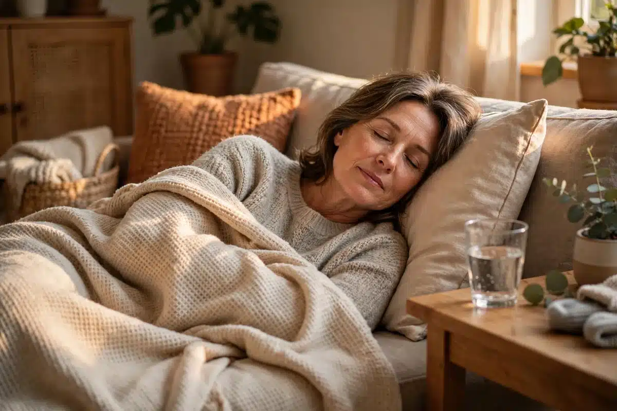 Photo of a woman in her 50s resting on her sofa at home with a soft blanket and a glass of water on the table beside her, peaceful warm light