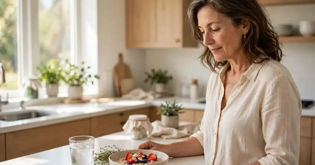 Photo of a woman in her 50s in a bright home kitchen with a glass of water and a simple bowl of food on the counter, calm everyday mood