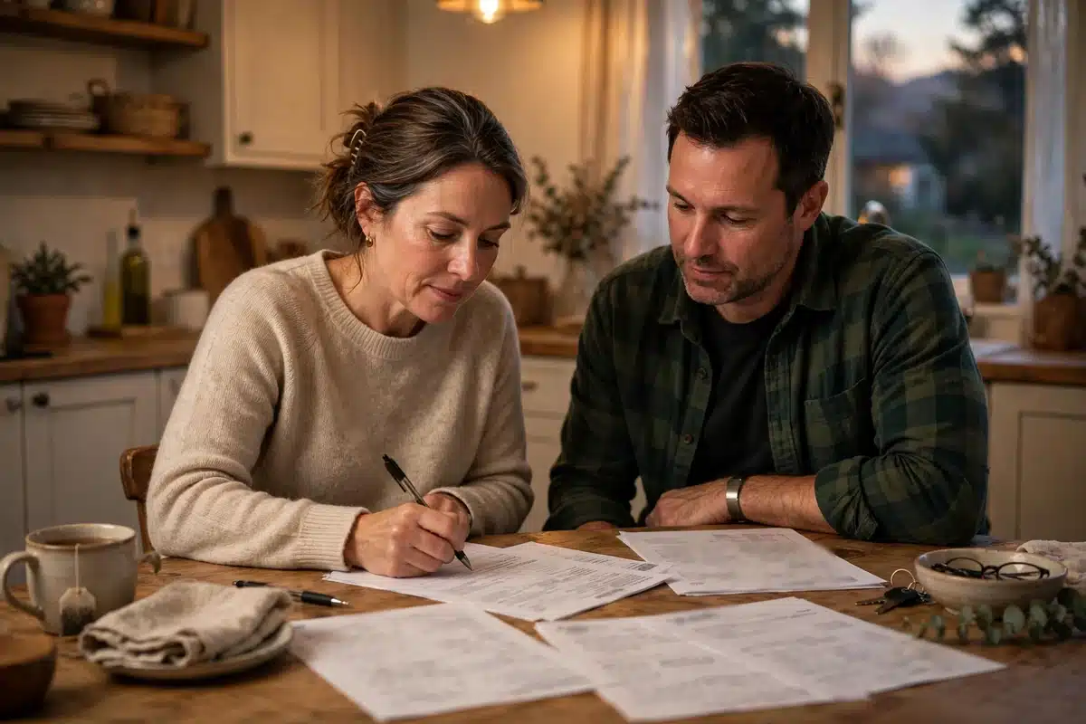 Photo of a woman completing forms at her kitchen table with her partner beside her