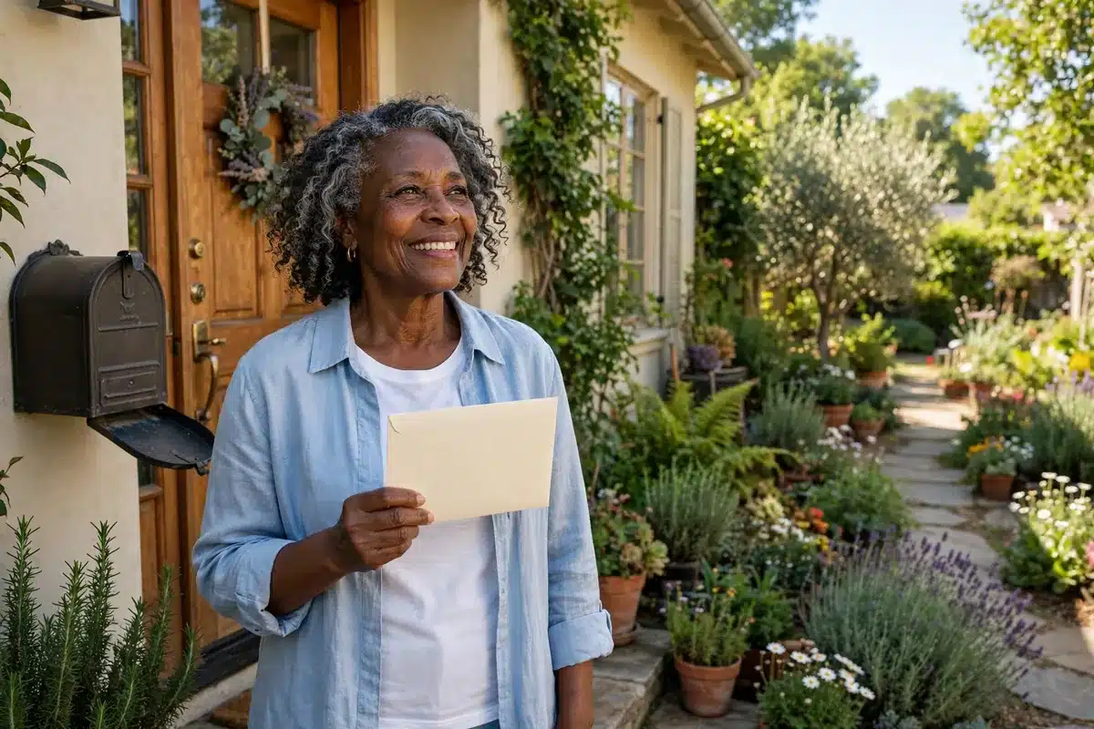 Photo of a smiling woman holding an envelope she has just taken from her mailbox