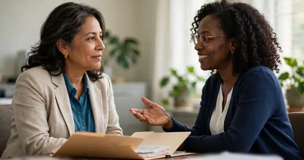 Photo of a woman talking with an office worker at a desk about her application paperwork