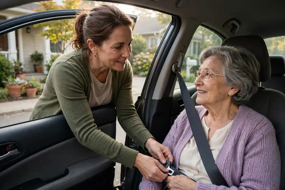 Photo of a woman caregiver helping her mother in her 70s with a seatbelt in a parked car outside a home in soft morning light