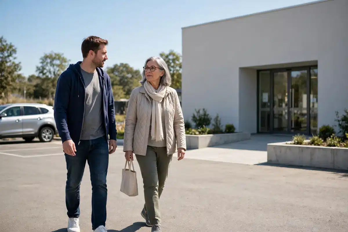 Photo of a caregiver and patient walking together from a car toward a clinic entrance on a clear day, carrying a small bag