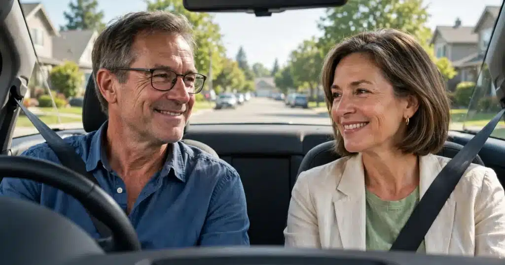 Photo of a man in his 50s driving a car with his wife in the passenger seat on a bright morning, both calm and smiling on their way to an appointment