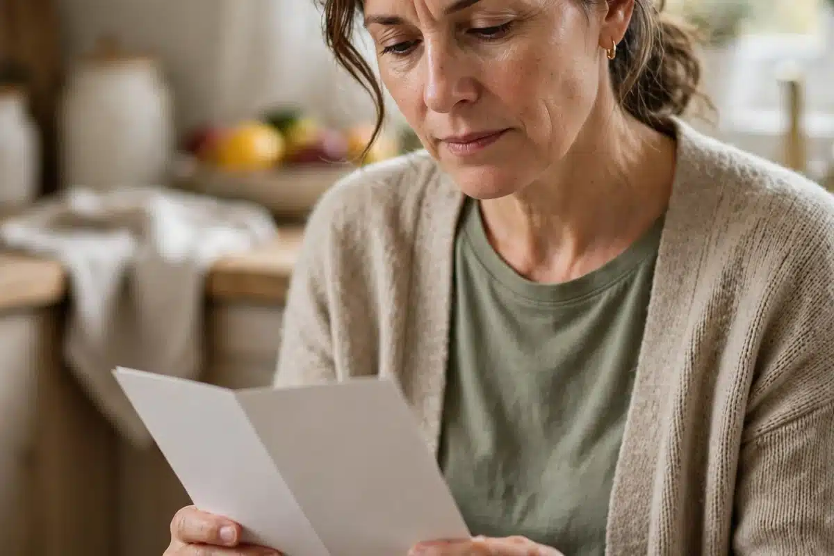 Photo of a woman in her 50s at home reading a plain blank leaflet at her kitchen table, thoughtful expression, soft daylight