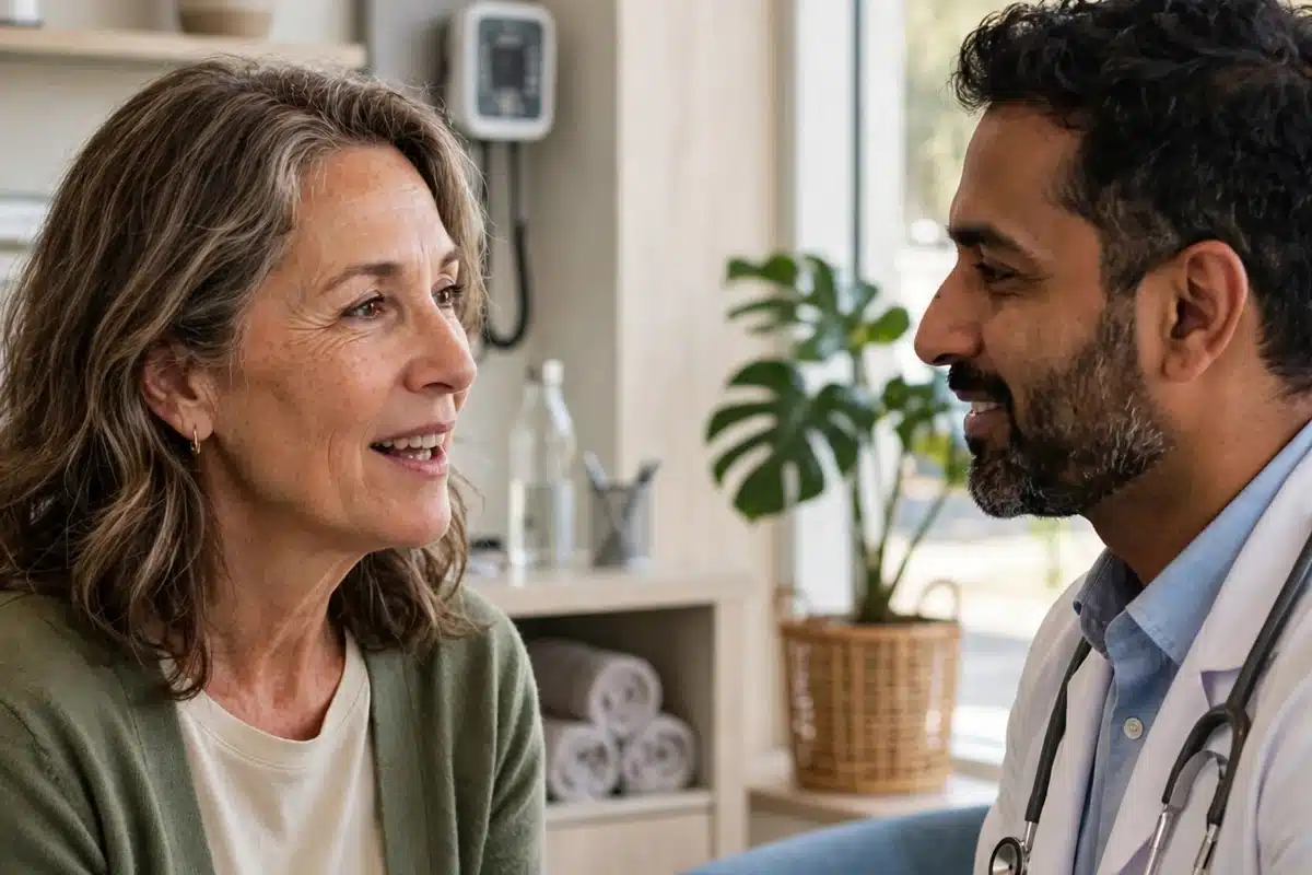 Photo of a woman in her 50s talking with her doctor in a bright clinic office about screening, calm and engaged, natural window light