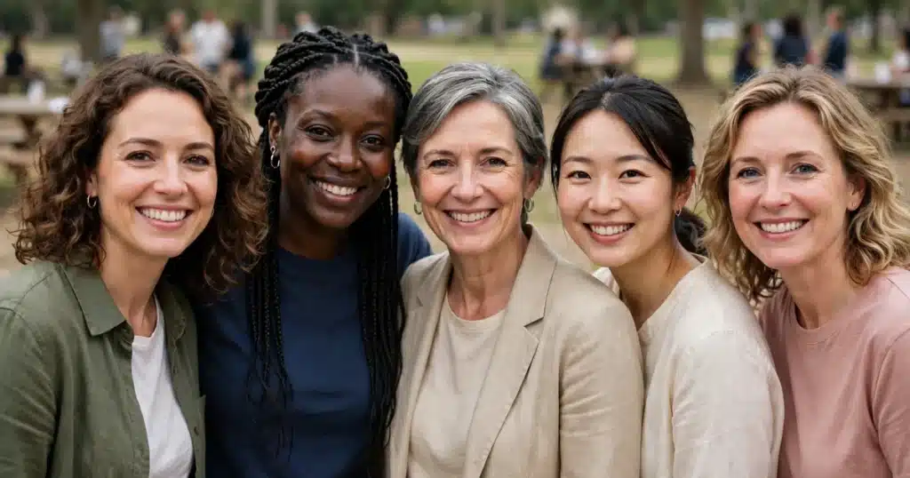 Photo of a group of women at an outdoor community awareness gathering, smiling warmly in soft daylight, plain clothing with no words or symbols