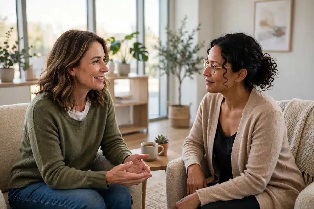 A woman talking with a counselor in a bright office