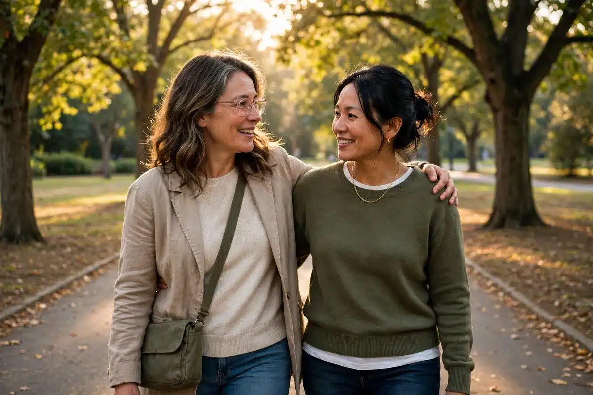 Two women friends walking together on a sunny park path