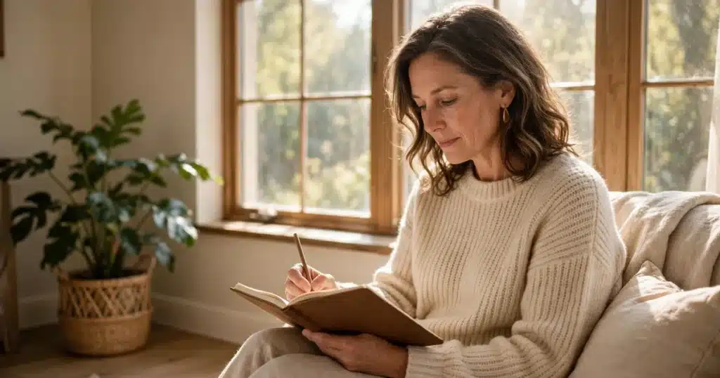 A woman journaling beside a sunlit window at home