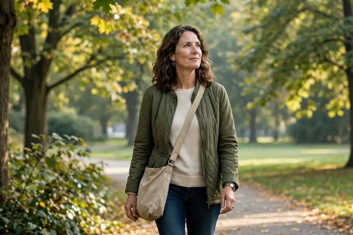 Photo of a woman in her 40s walking alone in a leafy park on a clear morning, calm and reflective, hopeful mood, soft daylight