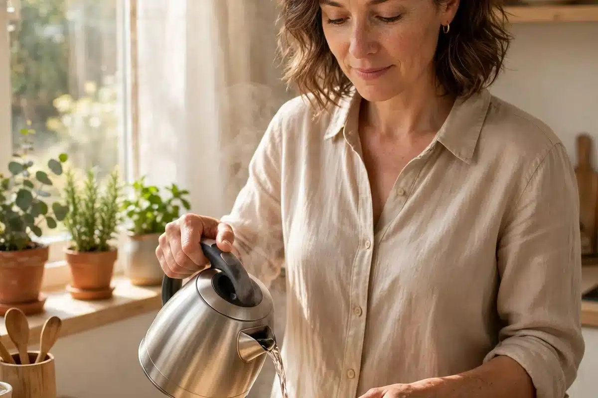 Photo of a woman in her 40s in a bright home kitchen making tea, calm everyday routine, warm morning light