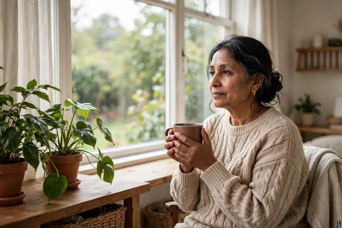 Photo of a woman sitting by a bright window at home holding a warm mug, calm and thoughtful