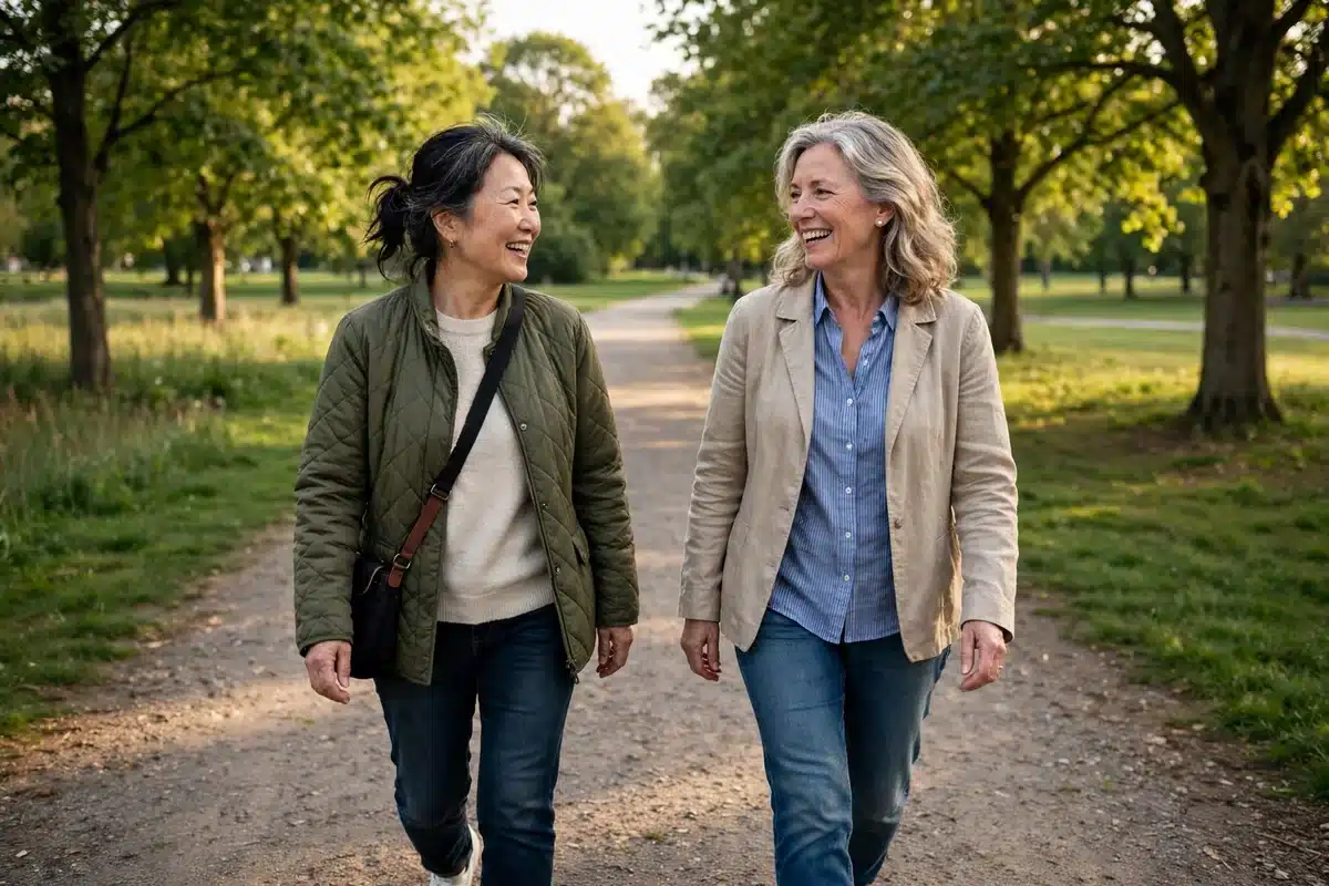 Photo of two women friends walking together in a park, talking gently in soft daylight