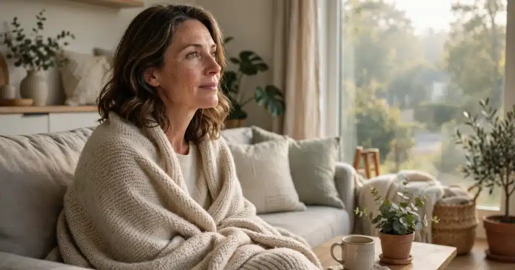 Photo of a woman in her 40s sitting on a couch at home wrapped in a soft blanket, gazing out a window in gentle morning light