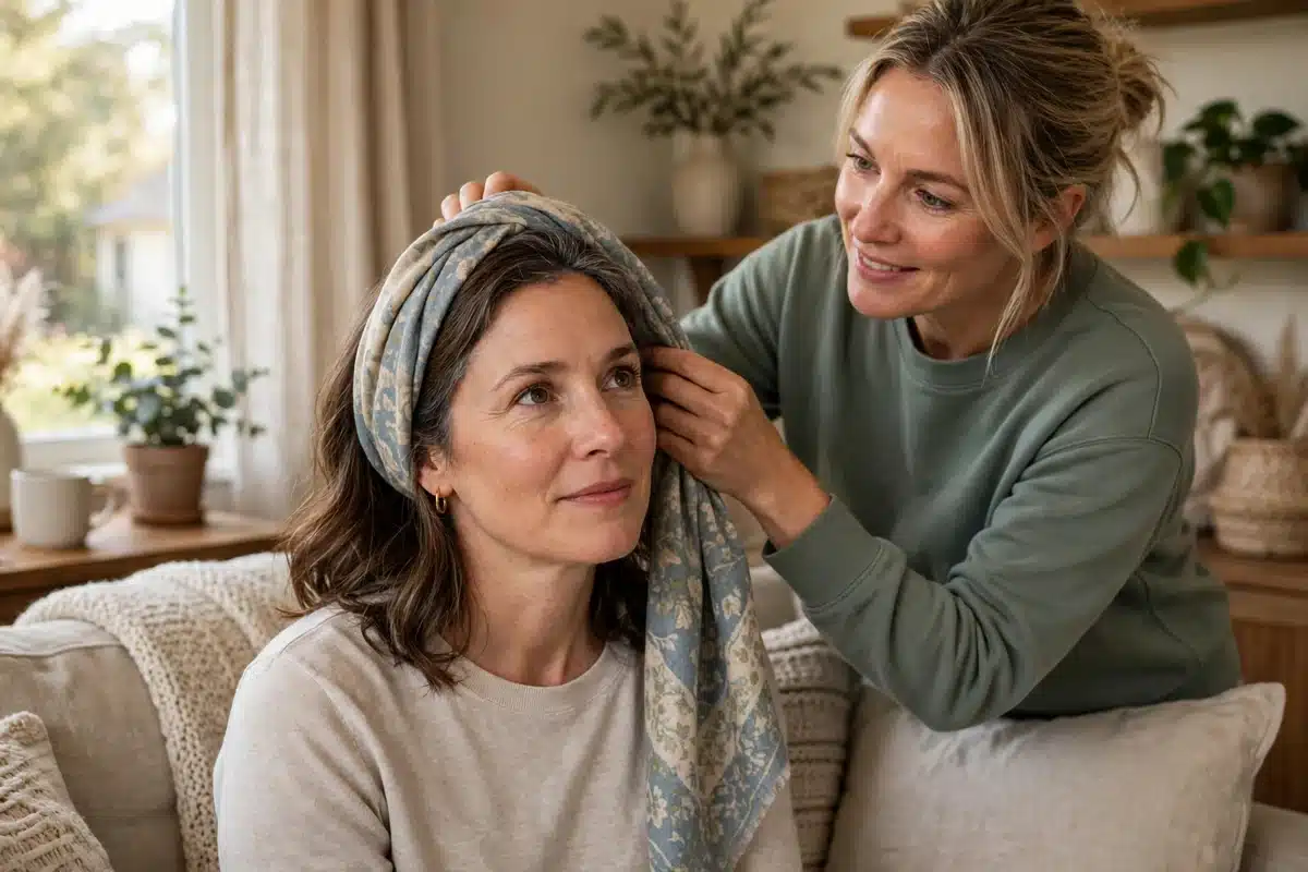 Woman with a supportive friend trying on a soft scarf at home in warm natural light