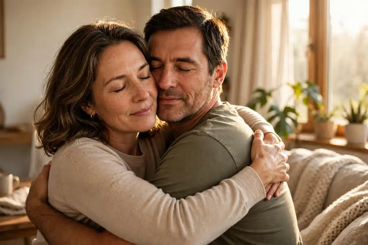 Woman hugging her partner in a sunlit living room, comforted