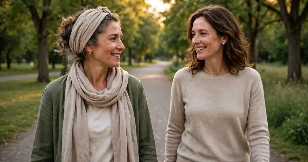 Two women friends walking together in a park on a sunny day, one wearing a soft scarf on her head, talking and smiling