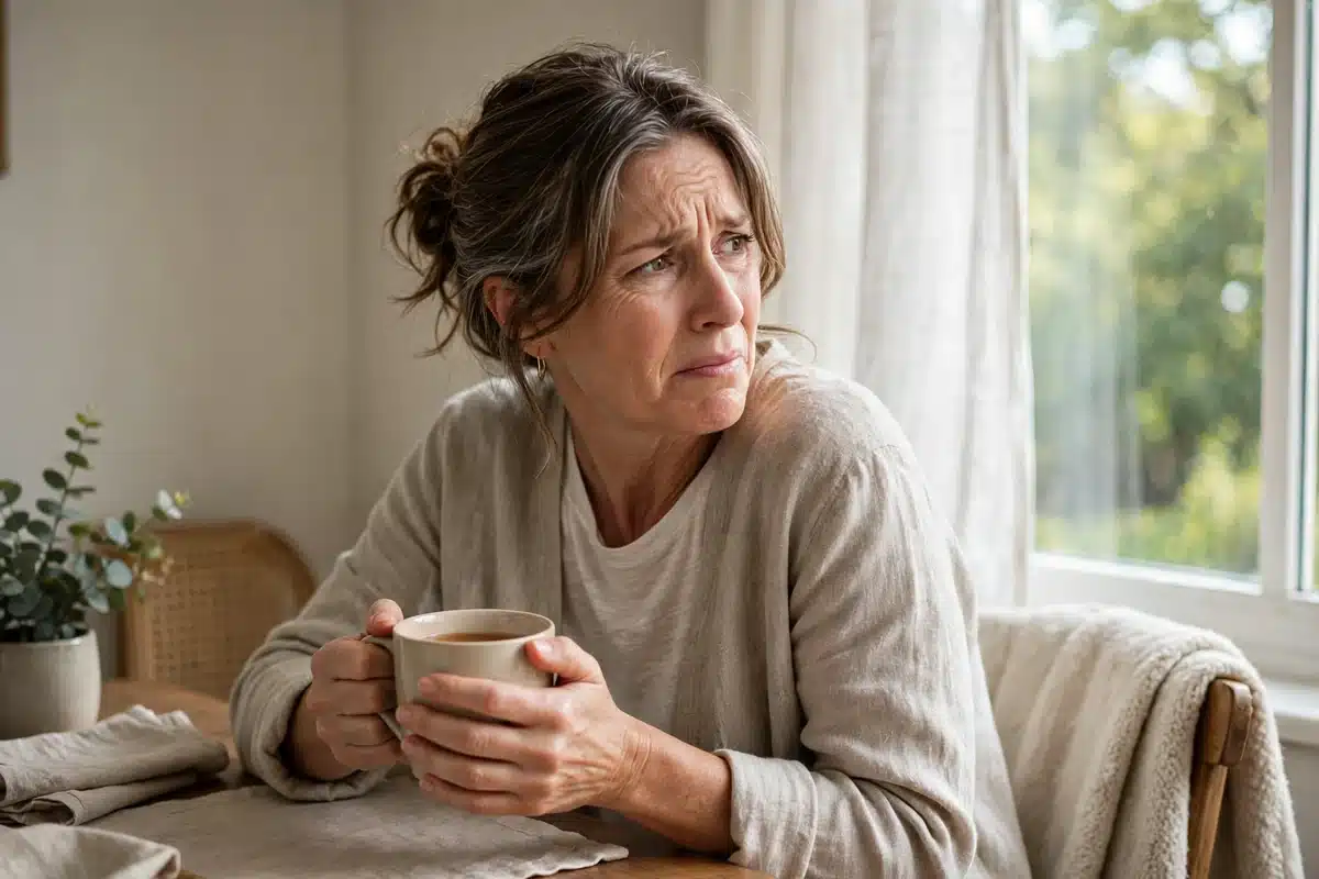 Photo of a woman sitting by a bright window at home with a mug in her hands, pausing over a twinge in her shoulder with a worried expression