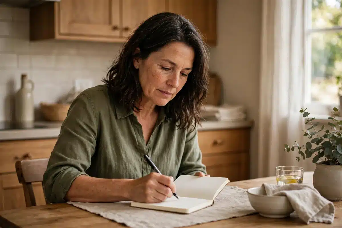 Photo of a woman writing a brief note in a small plain notebook at her kitchen table at home, calm and matter-of-fact in soft daylight