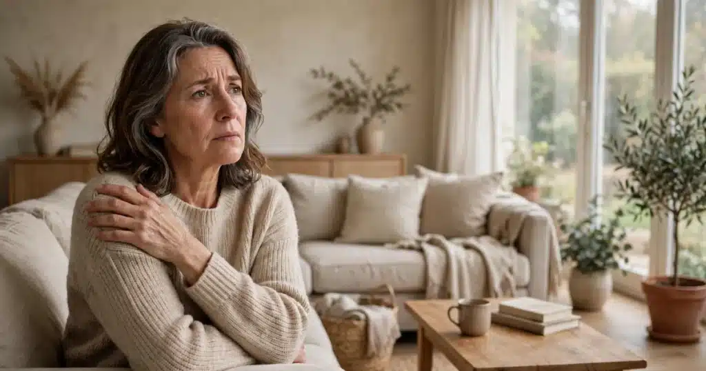 Photo of a woman sitting on a sofa at home in soft daylight, one hand resting on her shoulder, looking thoughtful and a little worried