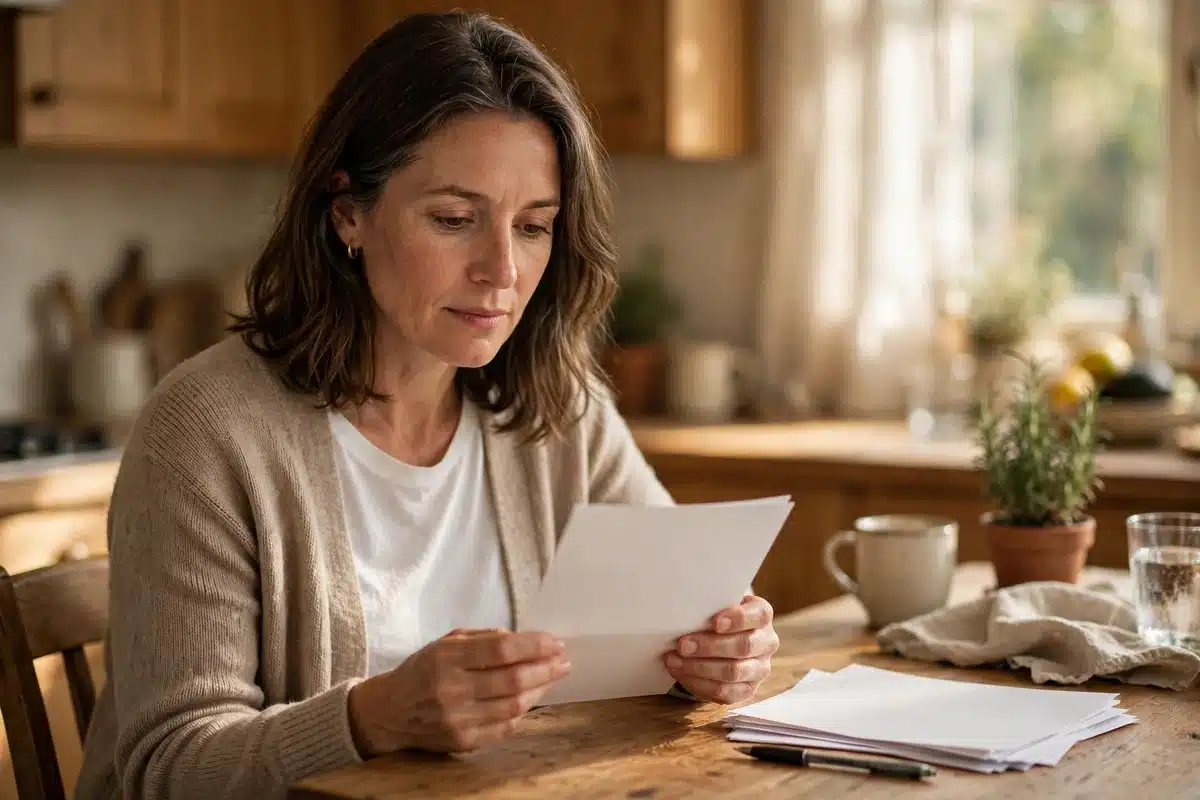 Photo of a woman in her 40s reading a plain letter at her kitchen table at home, calm and focused