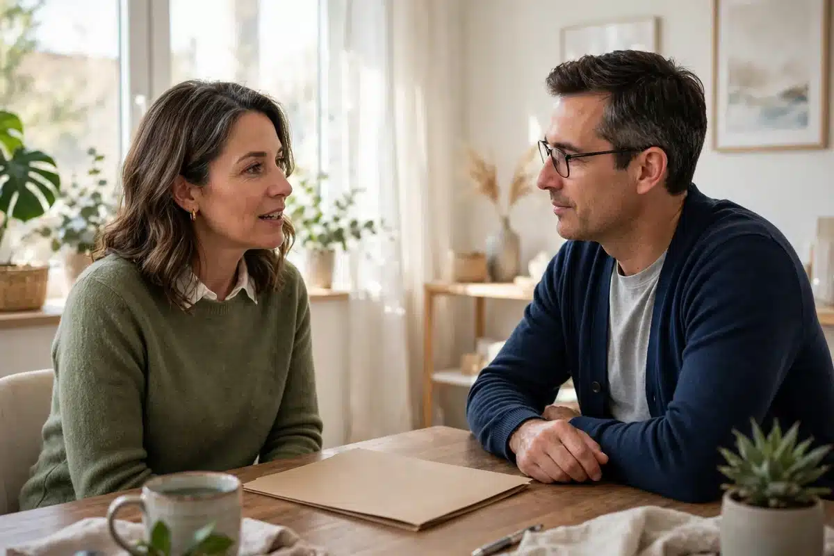 Photo of a woman in her 40s talking with a counsellor across a desk in a bright office, a plain folder between them