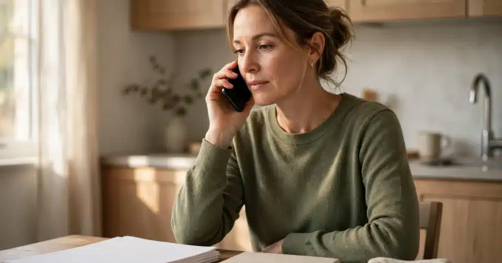 Photo of a woman in her 40s talking on the phone at her kitchen table at home, plain paperwork and a notebook in front of her
