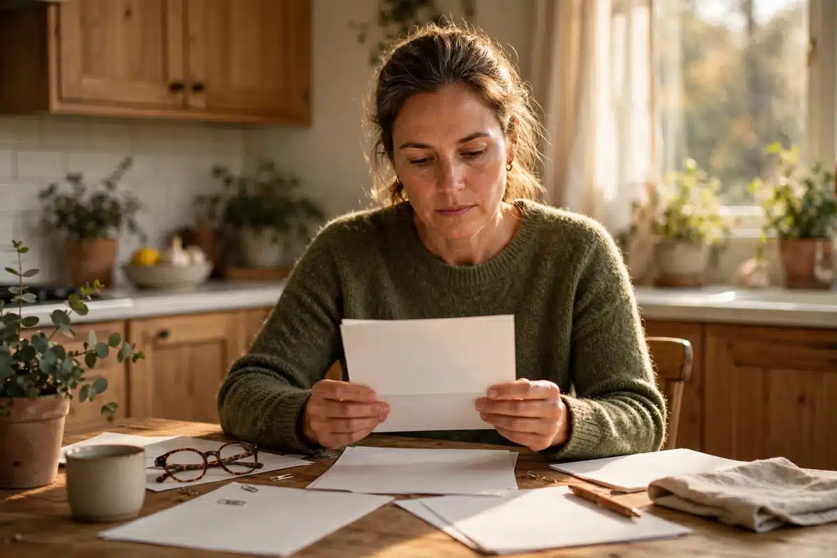 Photo of a woman in her 40s sitting at her kitchen table at home with plain paperwork, calmly reading a letter with a thoughtful expression