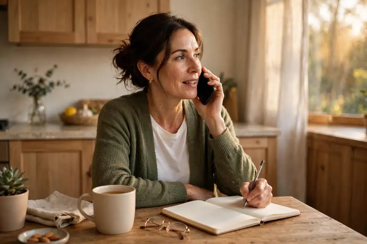 Photo of a woman in her 40s talking on the phone at home while taking notes in a plain notebook, calm and organised
