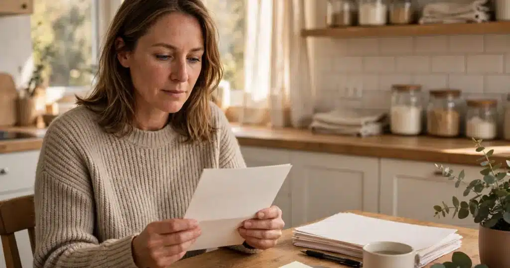 Photo of a woman in her 40s reading a plain letter at her kitchen table at home, calm and thoughtful