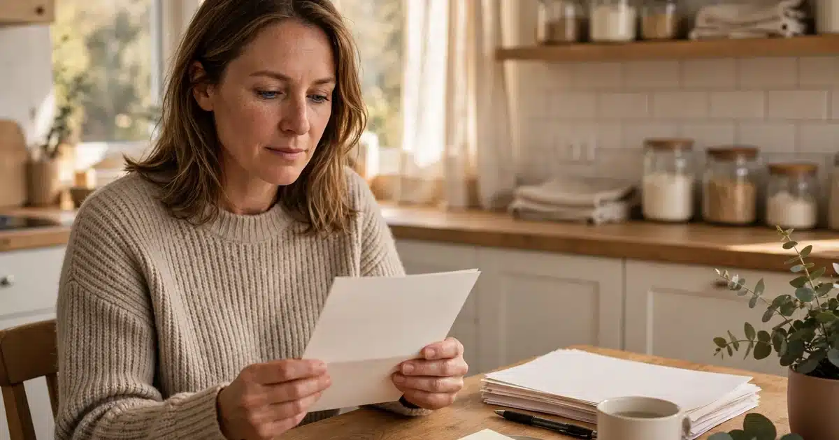 Photo of a woman in her 40s reading a plain letter at her kitchen table at home, calm and thoughtful