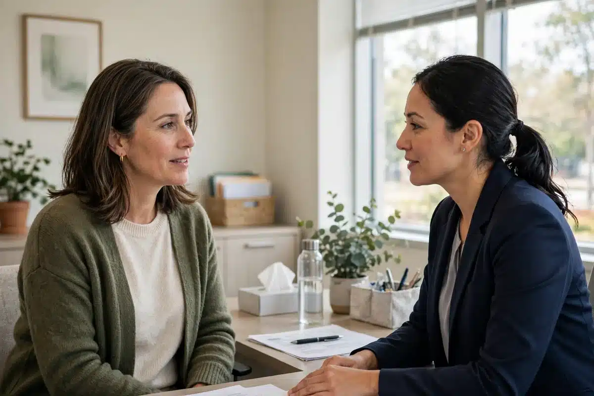 Photo of a woman in her 40s talking with a billing counselor in a bright hospital office, calm, natural light