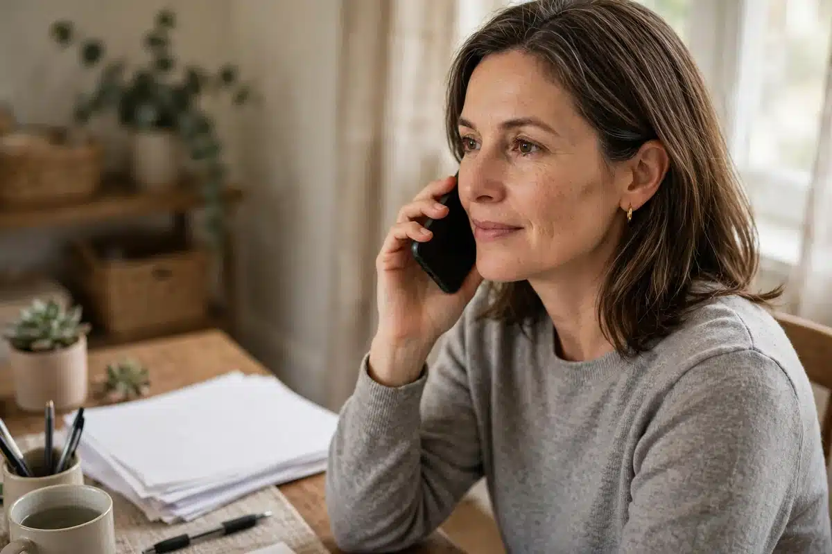 Photo of a woman in her 40s on the phone at her home desk with plain papers beside her, calm, daylight