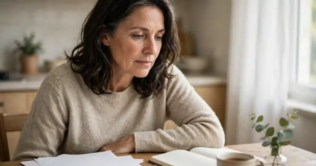 Photo of a woman in her 50s sitting at her kitchen table with plain papers and a notebook, thoughtful, soft daylight