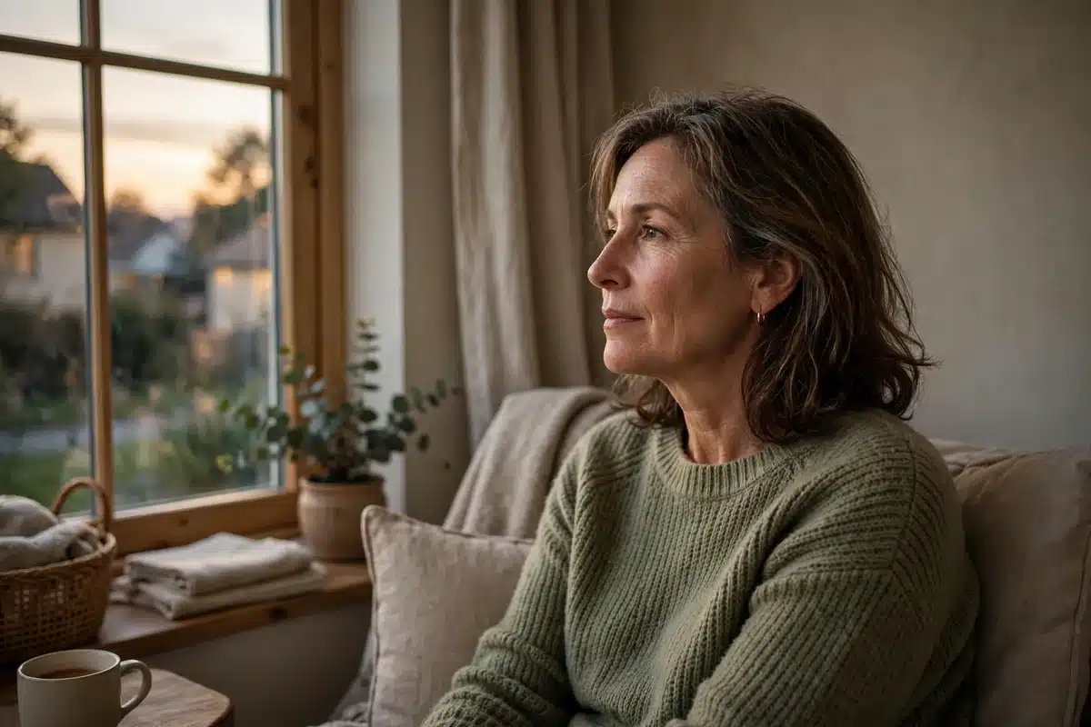 Photo of a woman in her 50s sitting quietly by a window at home in soft evening light, thoughtful expression, calm and gentle mood