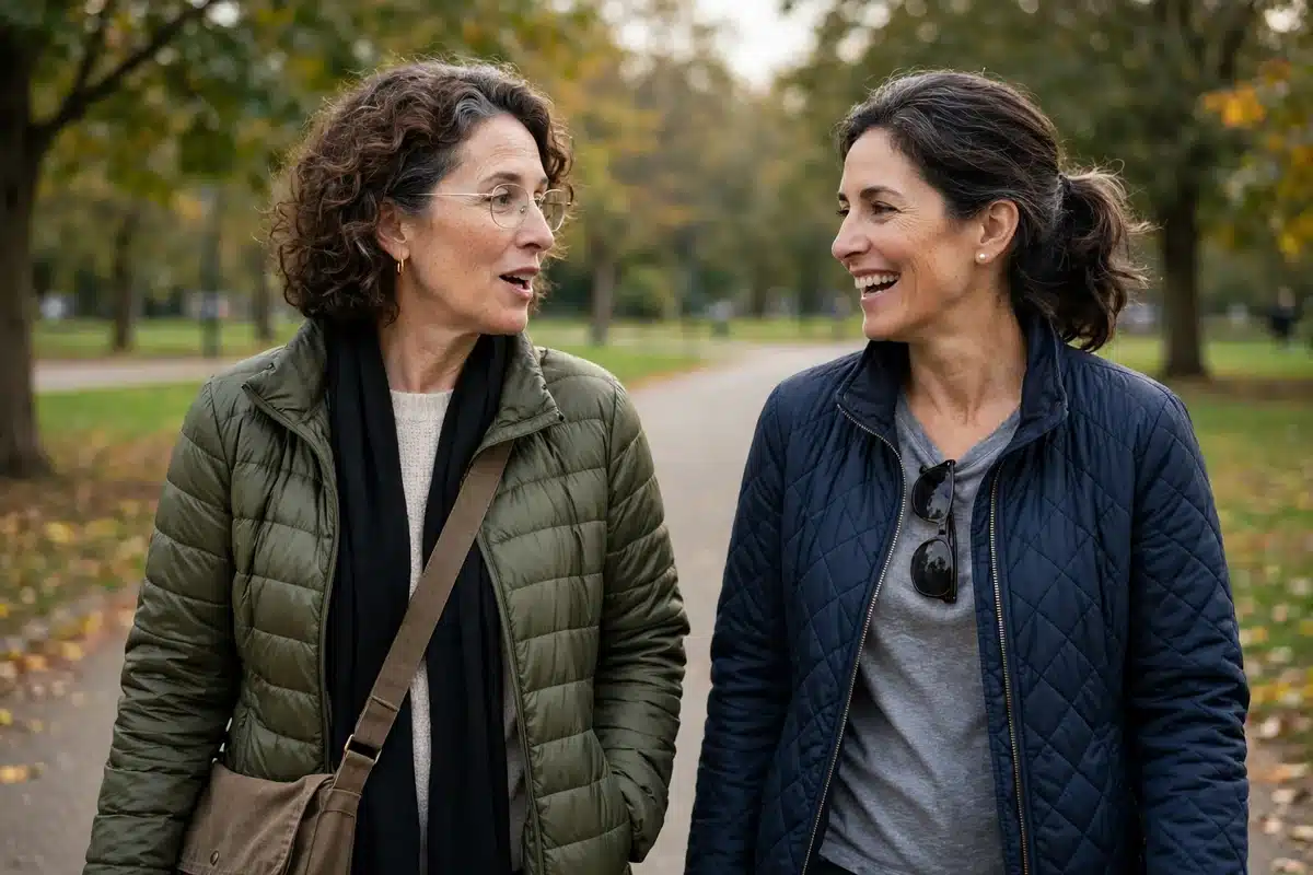 Photo of a woman in her 50s walking in a park with a close friend, talking together in soft daylight, relaxed and companionable