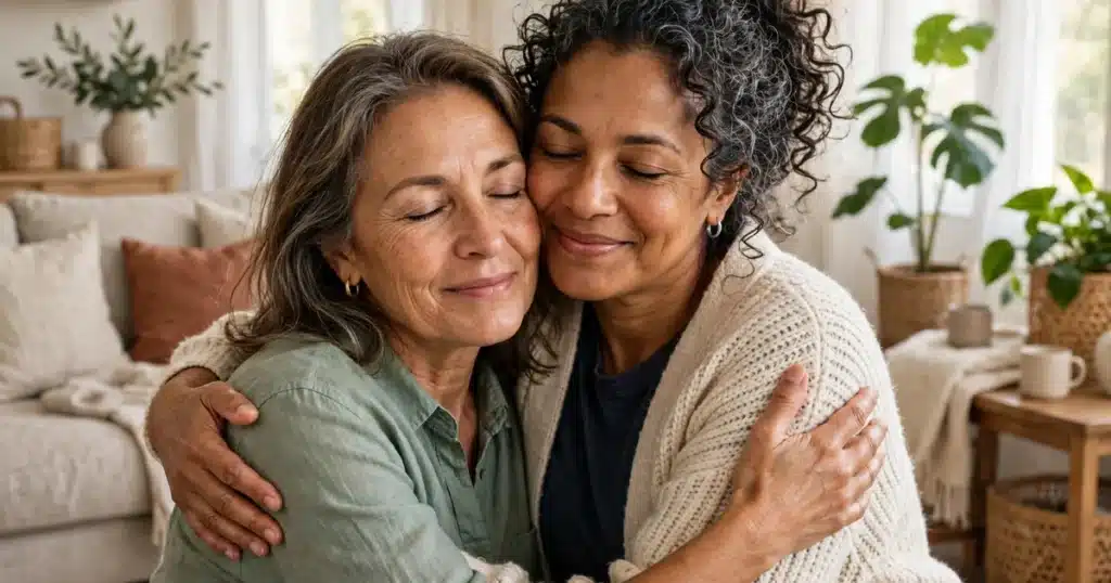 Photo of a woman in her 50s embracing a close friend in a bright living room, warm and tender moment, soft natural light